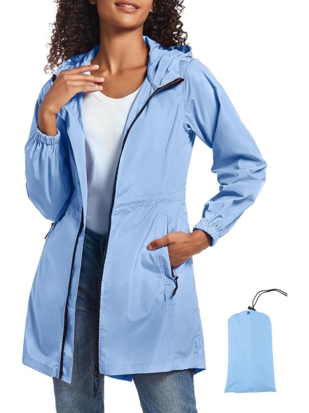 Women Sky Blue Hooded Waterproof Drawcord Waist Zip Pockets Packable Trench Coat